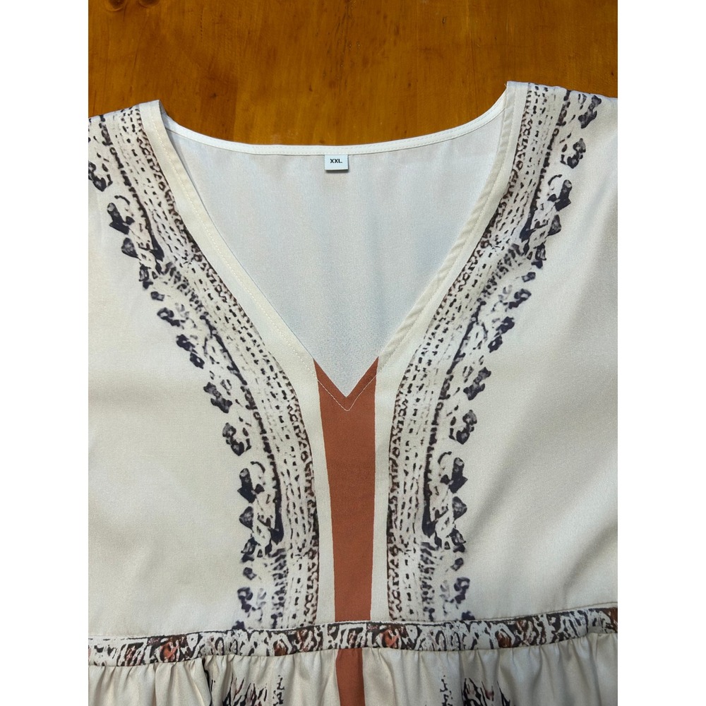 Boho Floral Hi Low Maxi Dress XXL Cream Burgundy Bell Sleeve V-Neck Empire Waist - Picture 3 of 12